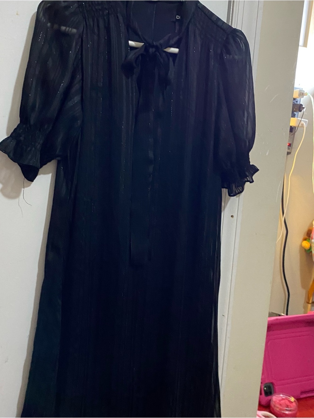 DKNY Black Maxi Dress with Tie Neck and Puff Sleeves